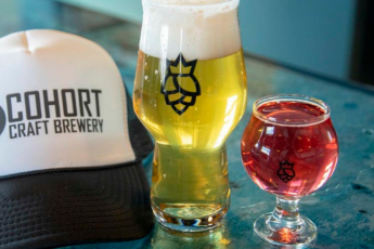 Cohort Craft Brewery image of a Cohort hat, beer and wine glasses.
